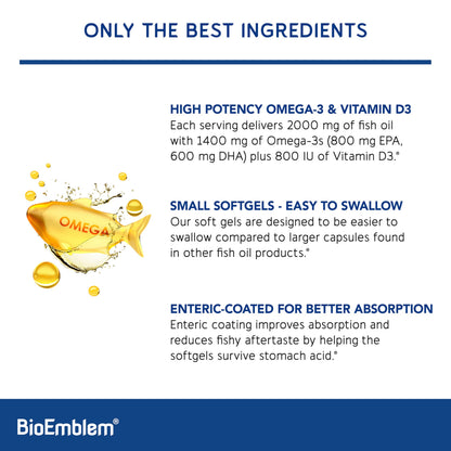 BioEmblem Omega-3 Fish Oil 2000mg - Small Size Softgels, High Absorption Form, Sustainable - 1400mg EPA &DHA Plus Vitamin D3, Non-GMO, Heart, Joint, & Brain Health Fish Oil Supplement, 120 Ct BioEmblem buy supplements Au