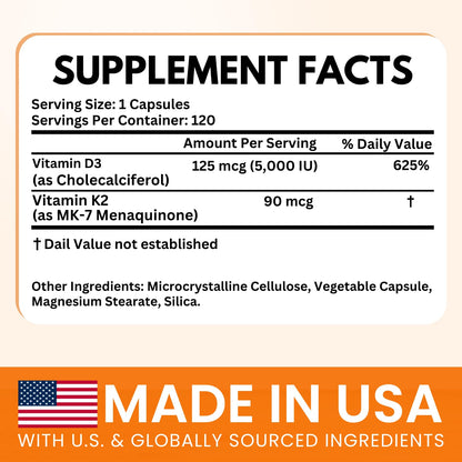 VITBOOST Vitamin D3 K2 Complex - Easy to Swallow - Vitamin D (D3) 5000 IU (125 mcg) & K2(MK-7) 90 mcg | Non-GMO | Gluten-Free