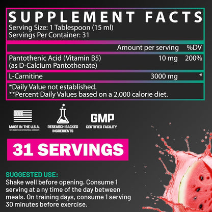 Nutrex Research L Carnitine 3000 - Clinically Dosed L-Carnitine Liquid for Energy, Metabolism & Muscle Recovery - Delicious Strawberry Watermelon - No Sugar, No Carbs
