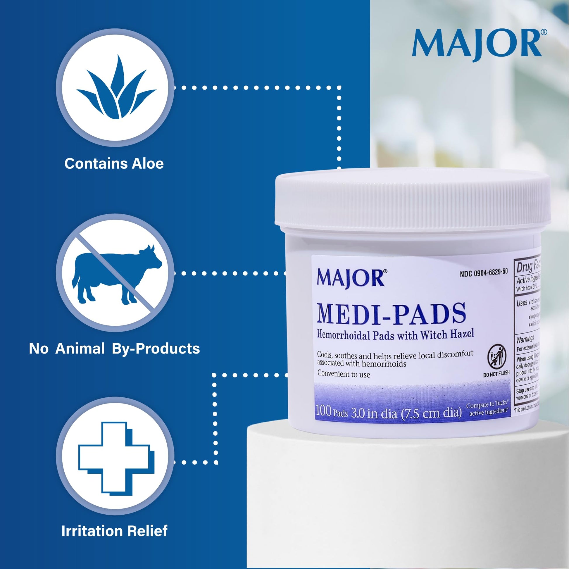 MAJOR Medi-Pads - Hemorrhoidal Hygienic Cleansing Witch Hazel Pads - Cooling Relief with Aloe - 100 Count Jar (3 Pack) MAJORBuy Supplements Australia