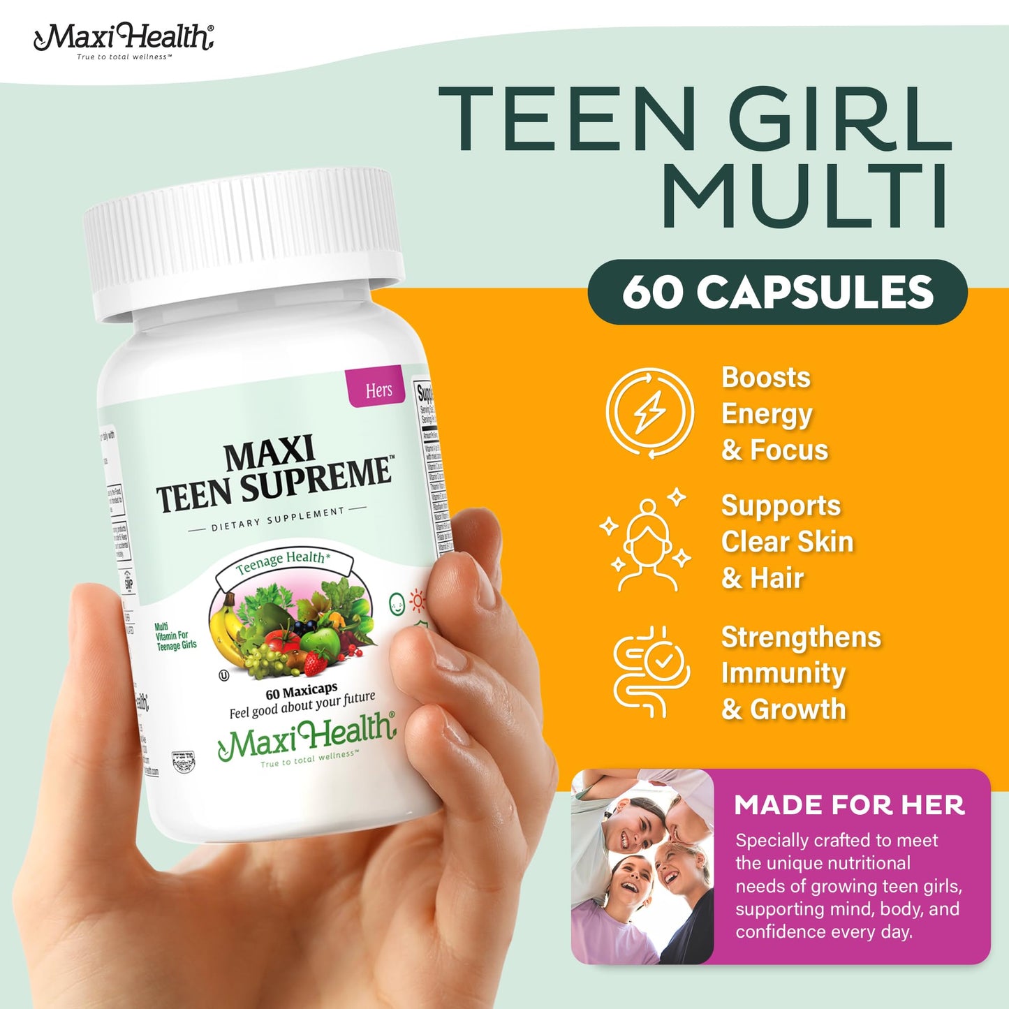 Teen Vitamins for Girls 12-17 - Teen Multivitamin Supreme with D3, Iron, Calcium, Biotin, Digestive Enzymes – Teenager Girl Multi Vitamins for Energy,