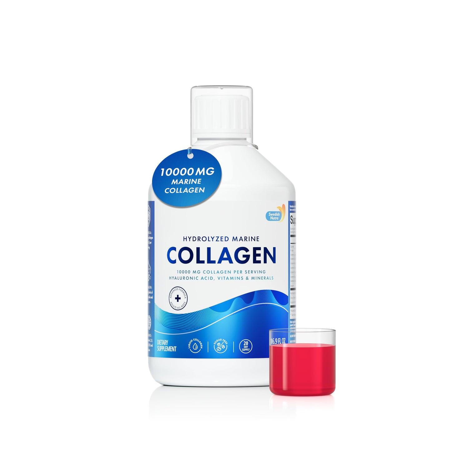 Swedish Nutra 10,000 mg Hydrolyzed Marine Collagen Liquid Supplement - 500 ml, 20 Day Supply | Hyaluronic Acid, Biotin & Vitamin C for Healthy Hair, Skin, Nails & Joints | For Men & Women | Sugar-Free Swedish Nutra buy supplements Au