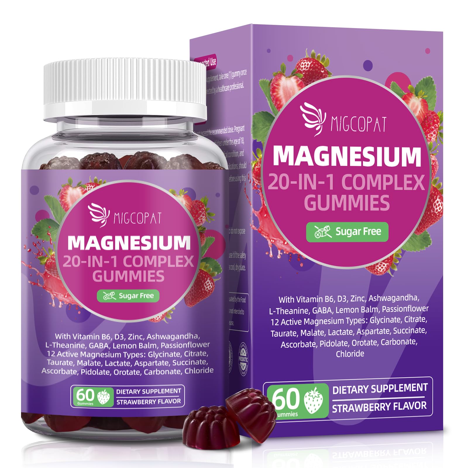 Migcopat Magnesium Complex Gummies, 20 in 1 Magnesium Gummy with Glycinate Citrate Malate Taurate - Ashwagandha, L-Theanine, D3&Zinc for Relaxation, Sleep, Muscle&Heart Support, Strawberry, 60 Cts MigcopatBuy Supplements Australia