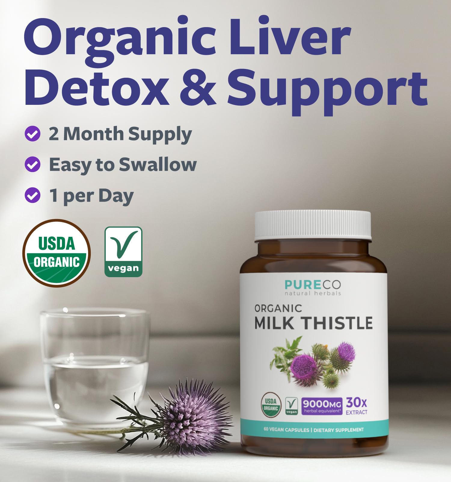 USDA Organic Milk Thistle Capsules - 80% Silymarin Supplement for Liver Support- Super Concentrated 300mg of 30:1 Milk Thistle Extract Equivalent to 9,000mg - Milk Thistle Liver Detox 60 Day Supply PURE CO buy supplements Au
