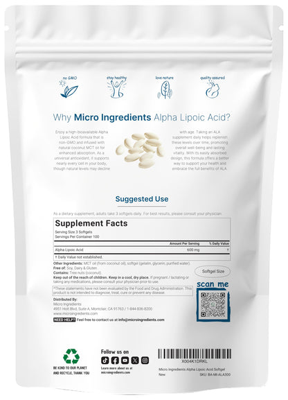 Micro Ingredients Alpha Lipoic Acid 600mg with MCT Oil, 300 Softgels | ALA Supplement for Liver, Antioxidants, Nerve, Cardiovascular Health Support