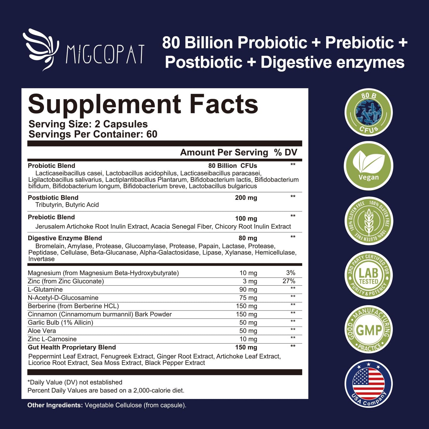 Migcopat Probiotics for Digestive Health, 80 Billion CFU Probiotics, Prebiotics, Postbiotics & Digestive Enzymes, Gut Health Capsules with Berberine, Cinnamon,