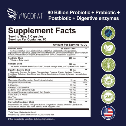 Migcopat Probiotics for Digestive Health, 80 Billion CFU Probiotics, Prebiotics, Postbiotics & Digestive Enzymes, Gut Health Capsules with Berberine, Cinnamon,