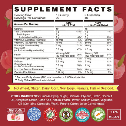 Vegan Iron Gummies Supplement - with Vitamin C, A, B-Complex, Folate, Zinc for Adults & Kids - Health Blood & Energy Support for Iron Deficiency,