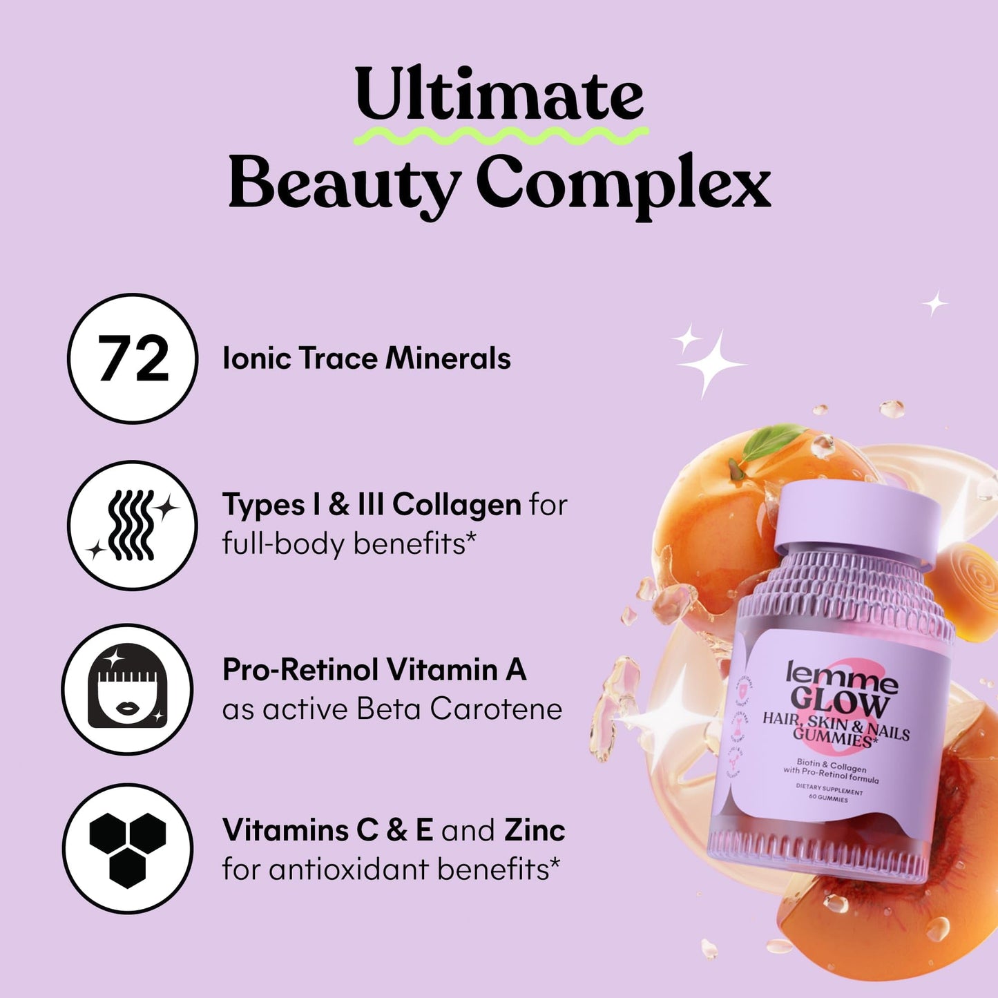 Lemme Glow Collagen Gummies for Thick Hair, Strong Nails & Healthy Skin with Multi-Collagen Peptides, Biotin, Trace Minerals, Zinc, Vitamins A, C & E