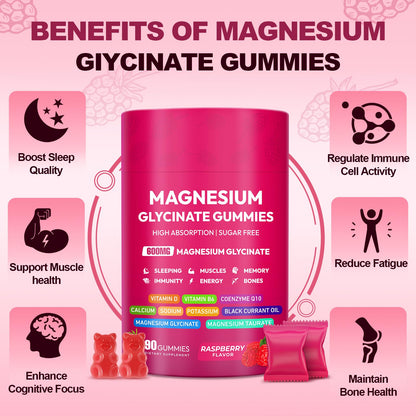 Magnesium Glycinate Gummies 600mg, High Absorption Magnesium Complex, Sugar Free Chewables Gummies with VitaminD & B6