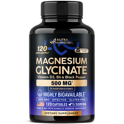 Magnesium Glycinate 500 mg - Chelated Supplement - High Absorption Form of Magnesium - Support for Sleep, Muscle & Heart Health - Made in USA, Lab Tested & Non-GMO - 120 Capsules NUTRAHARMONYBuy Supplements Australia