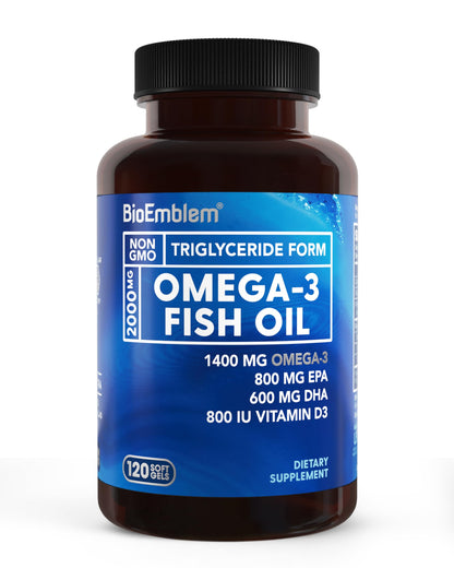 BioEmblem Omega-3 Fish Oil 2000mg - Small Size Softgels, High Absorption Form, Sustainable - 1400mg EPA &DHA Plus Vitamin D3, Non-GMO, Heart, Joint, & Brain Health Fish Oil Supplement, 120 Ct BioEmblem buy supplements Au