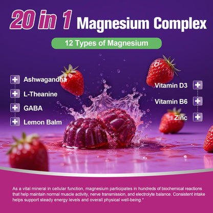 Migcopat Magnesium Complex Gummies, 20 in 1 Magnesium Gummy with Glycinate Citrate Malate Taurate - Ashwagandha, L-Theanine, D3&Zinc for Relaxation, Sleep, Muscle&Heart Support, Strawberry, 60 Cts MigcopatBuy Supplements Australia