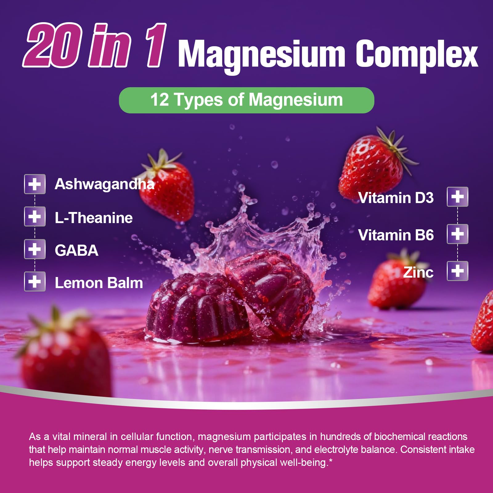 Migcopat Magnesium Complex Gummies, 20 in 1 Magnesium Gummy with Glycinate Citrate Malate Taurate - Ashwagandha, L-Theanine, D3&Zinc for Relaxation, Sleep, Muscle&Heart Support, Strawberry, 60 Cts Migcopat buy supplements Au