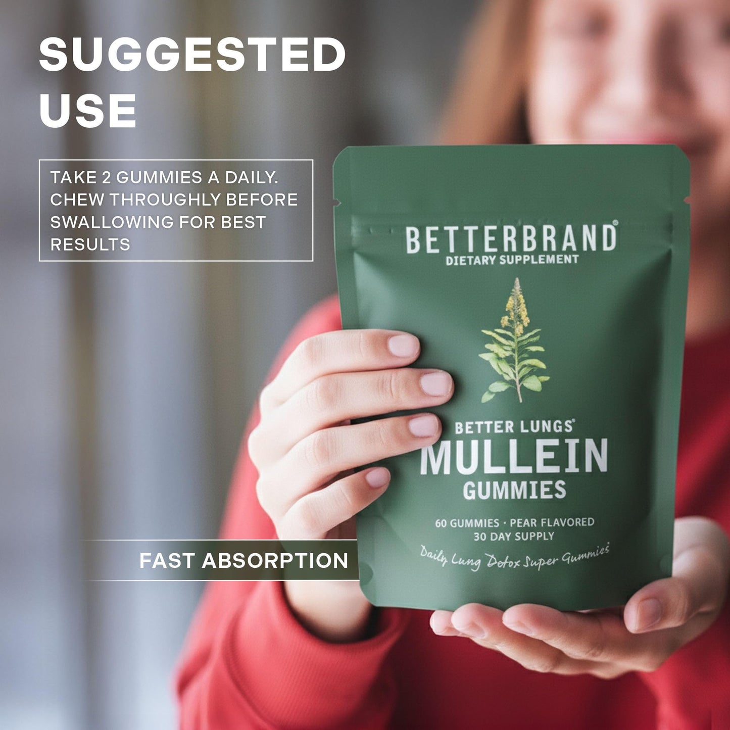 Betterbrand Mullein Chewable Gummies for Lung Cleanse and Detox, Respiratory Health Supplement, 1000mg Mullein Extract per Serving, 60 Gummies