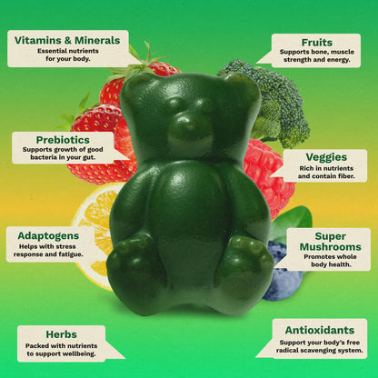 Gruns Sugar-Free Super Greens Gummies, Multivitamin Superfood Gummy Bears, Spirulina, Chlorella, Prebiotics & Fiber gummies for Digestive Health, Adaptogens Supplement, 20 Vitamins & Minerals, 10 pack Grüns buy supplements Au