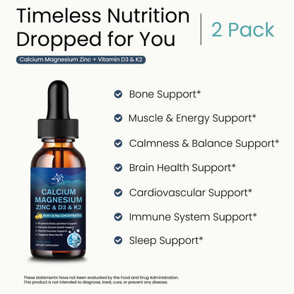 (2 Pack) 10 in 1 Magnesium Calcium Zinc Supplement with Vitamin C D3 K2, Glycinate Mag Vegan Liquid Drops Plus L-Theanine Boron Sea Moss Extract, Immune Support