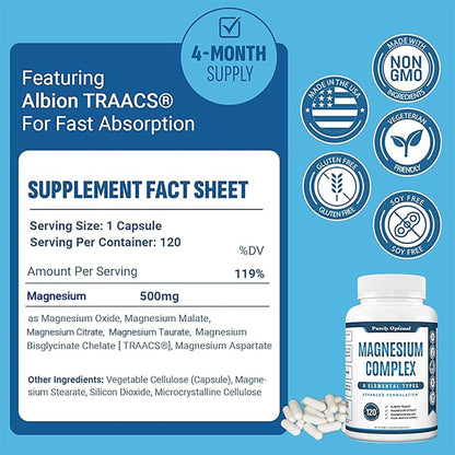 Purely Optimal Magnesium Complex - 6 Forms Magnesium Glycinate, Citrate & Malate - Sleep Support, Stress Relief, Muscles, Heart Health & Relaxation - Magnesium Supplement for Women & Men, 120 Caps Purely Optimal buy supplements Au