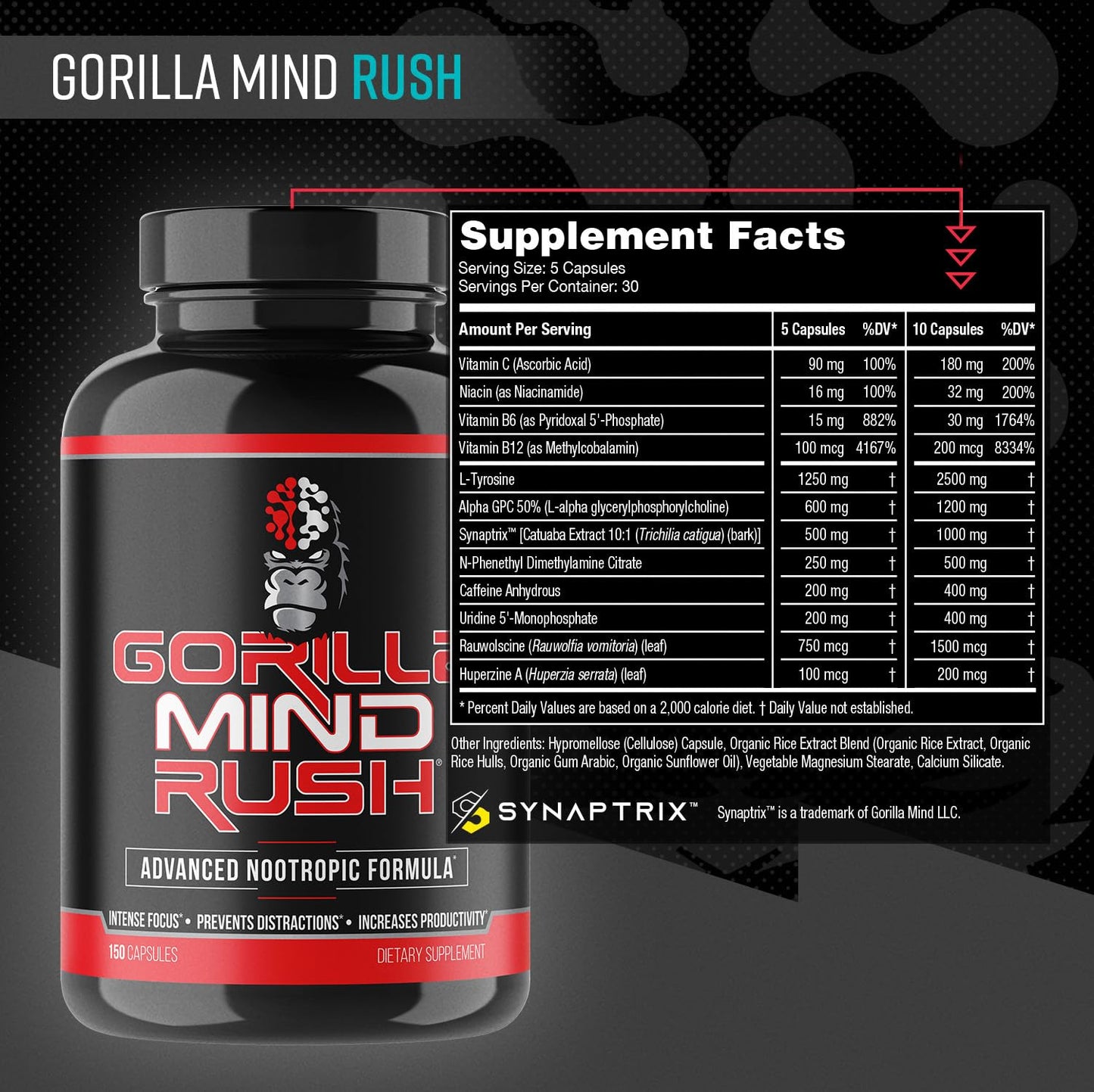 Gorilla Mind Rush - Nootropic Supplement | Intense Focus · Insane Productivity Cognitive Health Support, Memory, Focus,