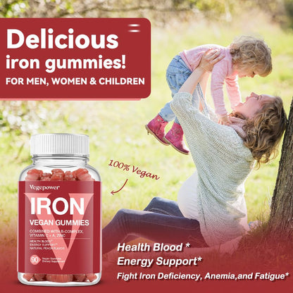 Vegan Iron Gummies Supplement - with Vitamin C, A, B-Complex, Folate, Zinc for Adults & Kids - Health Blood & Energy Support for Iron Deficiency,