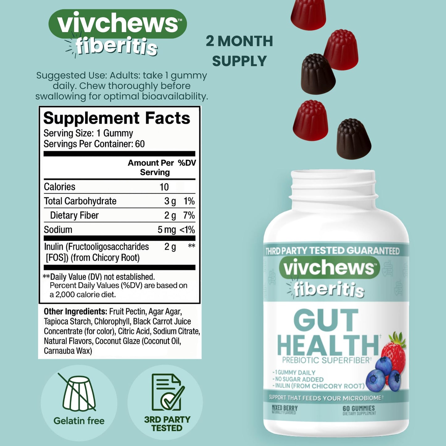 vivchews Gut Health Gummies – Prebiotic Fiber for Bloating Relief, No Sugar Added, Non-GMO, Fruit Pectin Based, Gluten-Free, No Artificial Colors,