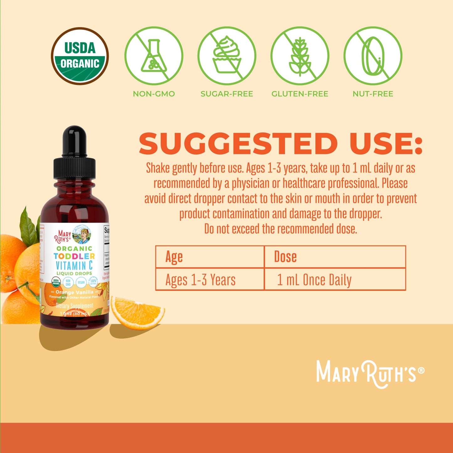 MARYRUTH'S Organic Toddler Vitamin C Drops for Immunity | Ages 1-3 Years | 15 mg Per Serving | Vitamin C for Immune Support & Overall Health | Vegan | Sugar Free