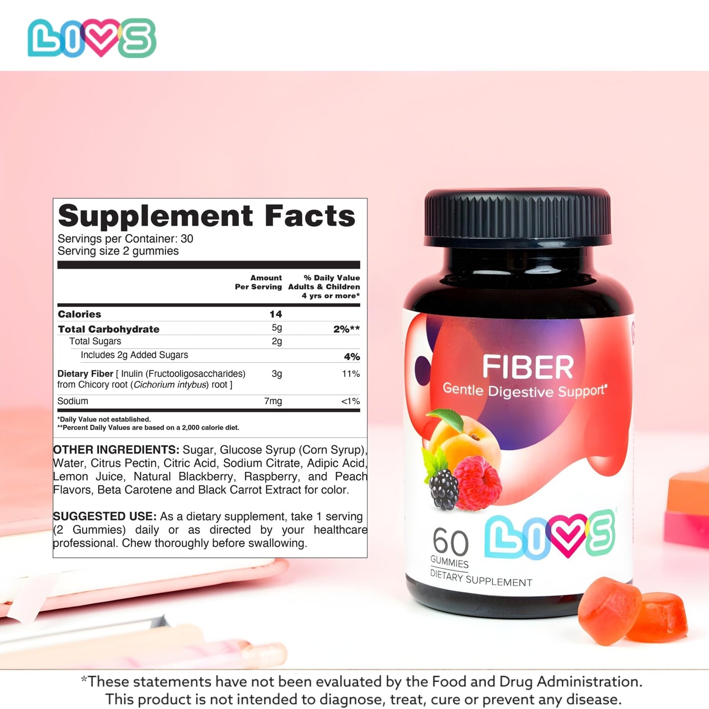 LIVS Fiber Gummies for Adults – Promote Digestive Support & Regularity | Gut Health & Smooth Digestion | Plant-Based Prebiotic | Non-GMO Fiber Supplement