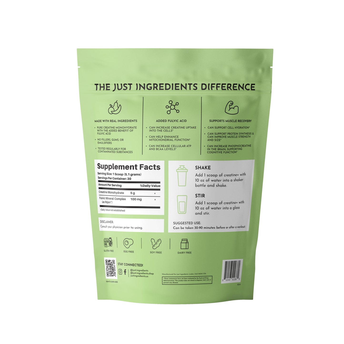 JUST INGREDIENTS Creatine Monohydrate Powder with Rejen Fulvic Mineral Complex - Supports Muscle Recovery, Energy, Strength, Cognitive Function - 30 Servings