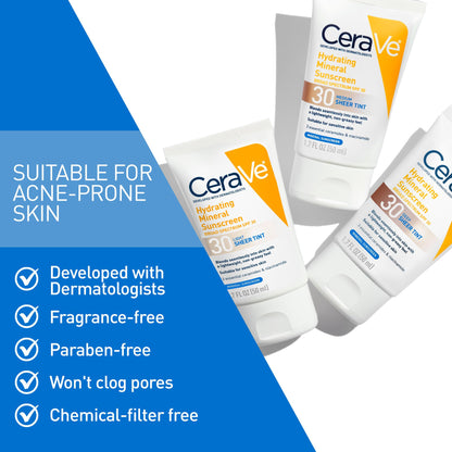 CeraVe Hydrating Mineral Sunscreen SPF 30 with Sheer Tint, Tinted Mineral Sunscreen with Zinc Oxide & Titanium Dioxide