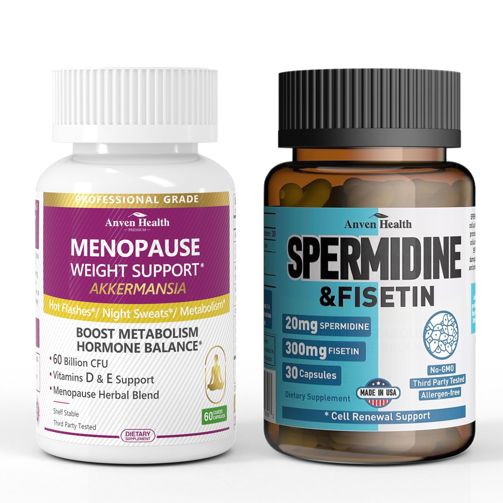 Two supplement bottles labeled 'Menopause Weight Support' and 'Spermidine & Fisetin' on a white background.