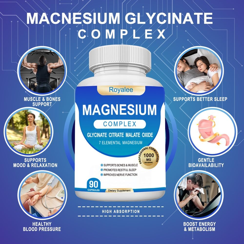 Magnesium Complex Supplement - 1000mg with 7 Magnesium Forms Including Glycinate, Citrate, Malate, Taurate & Orotate - Supports Relaxation, Muscle Function & Bone Strength - 90 Capsules Royalee buy supplements Au