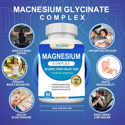 Magnesium Complex Supplement - 1000mg with 7 Magnesium Forms Including Glycinate, Citrate, Malate, Taurate & Orotate - Supports Relaxation, Muscle Function & Bone Strength - 90 Capsules Royalee buy supplements Au