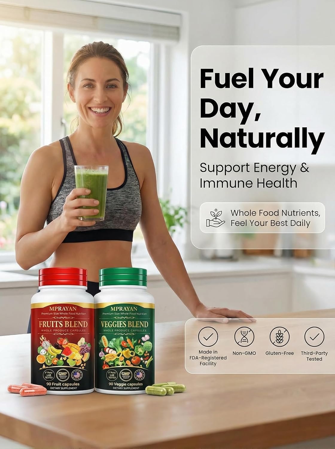 MPRAYAN Fruits and Veggies Capsules - 90 Fruits + 90 Veggies - Whole Food Superfood Supplement - Daily Greens Vitamins & Minerals - Plant Based Nutrition - Vegan Non-GMO - 180 Capsules MPRAYAN buy supplements Au