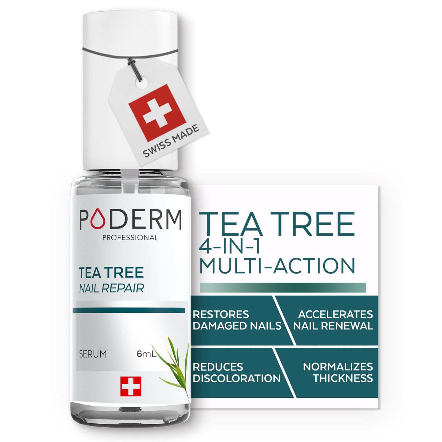 PODERM Tea Tree Nail Serum - 6 ml | 4-in-1 Formula for Damaged, Yellowed, and Dull Nails – Helps Even Nail Thickness – Swiss Made