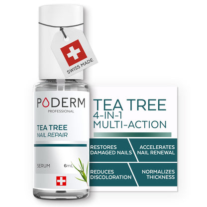 PODERM Tea Tree Nail Serum - 6 ml | 4-in-1 Formula for Damaged, Yellowed, and Dull Nails – Helps Even Nail Thickness – Swiss Made