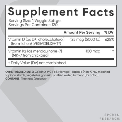 Sports Research Vitamin D3 with K2 Softgels - Plant Based K2 & Vegan D3 5000iu with Coconut MCT Oil - Vegan Certified, Soy & Gluten Free - 120 Count Sports Research buy supplements Au