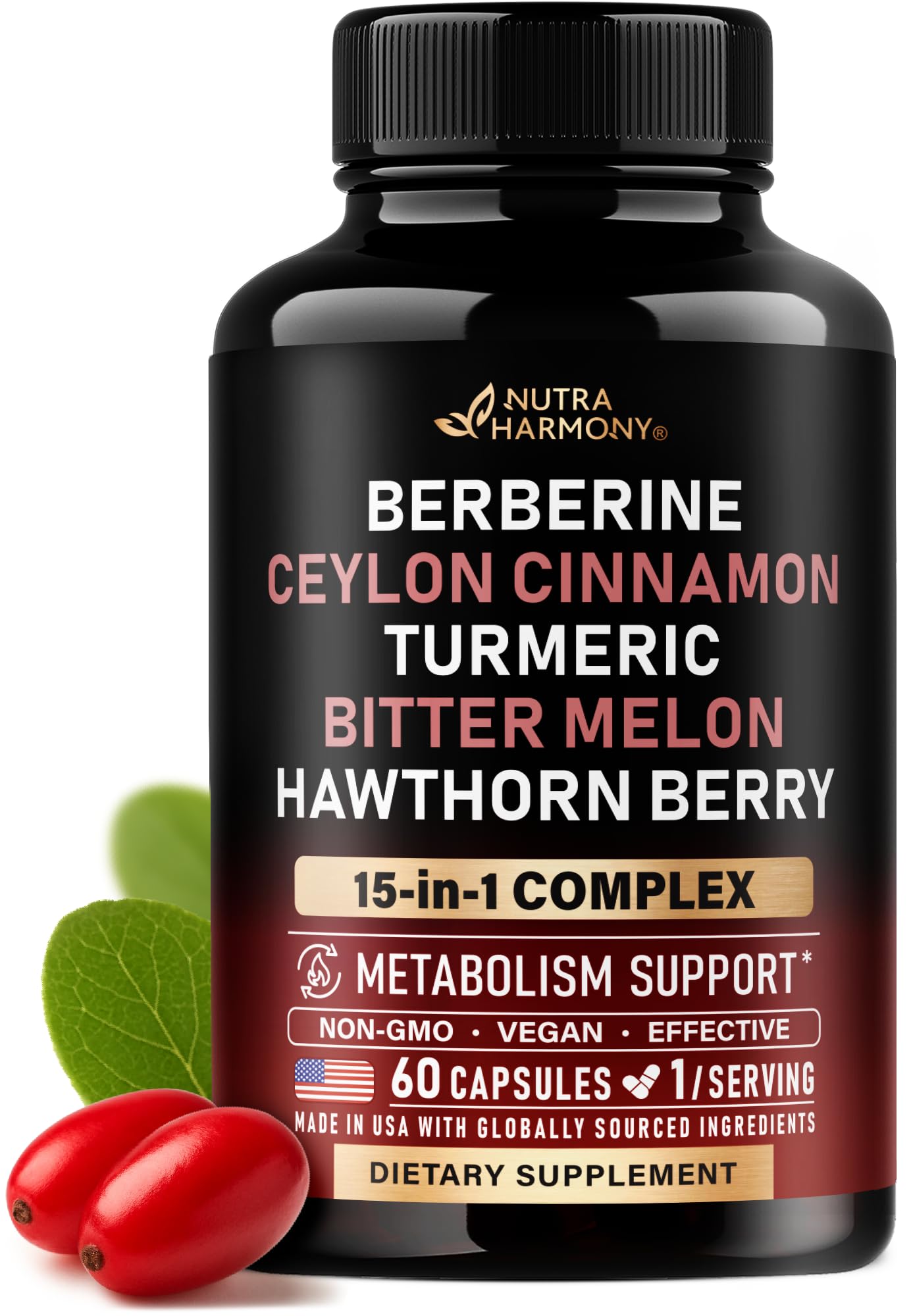 Berberine with Ceylon Cinnamon | Bitter Melon (Karela) | Apple Cider Vinegar | Hawthorn Berry | Citrus Bergamot | Turmeric - 15-in-1 Supplement for Heart Support