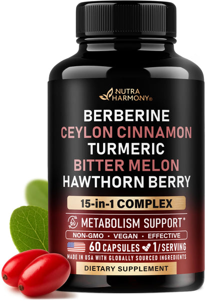 Berberine with Ceylon Cinnamon | Bitter Melon (Karela) | Apple Cider Vinegar | Hawthorn Berry | Citrus Bergamot | Turmeric - 15-in-1 Supplement for Heart Support