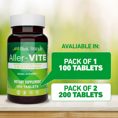 Basic Brands Aller Vite Nasal Support Tablets for Seasonal Allergy Relief, High Bioflavonoid Complex with Vitamins and Calcium, Gluten Free Daily Supplement, 100 Tablets Basic Brands buy supplements Au
