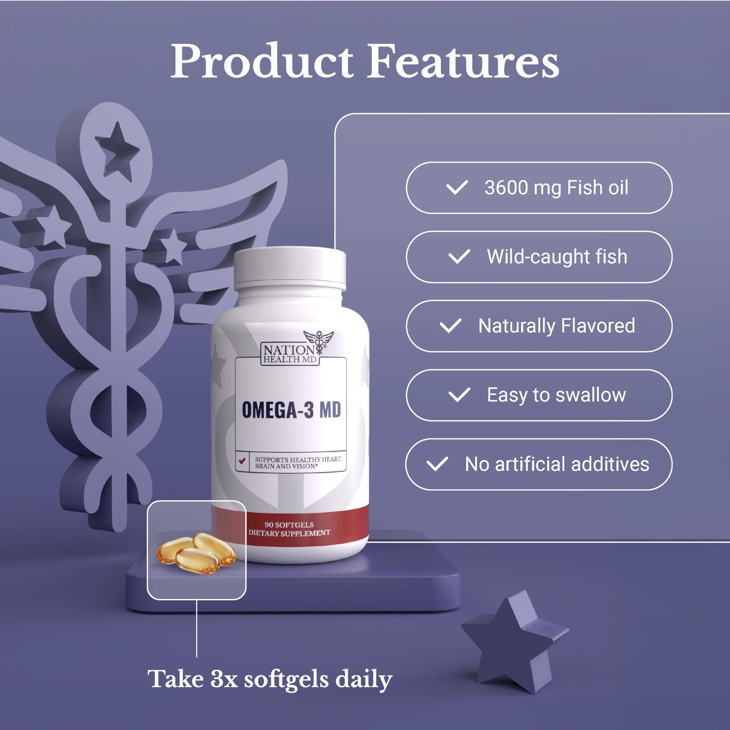 NATION HEALTH MD Omega-3 MD Fish Oil - Omega 3 Supplement for Women & Men - Wild-Caught & Burpless Fish Oil 3600 mg - with Omega3 Fatty Acid EPA 1300 mg + DHA 860 mg - 90 Softgels NATION HEALTH MD buy supplements Au
