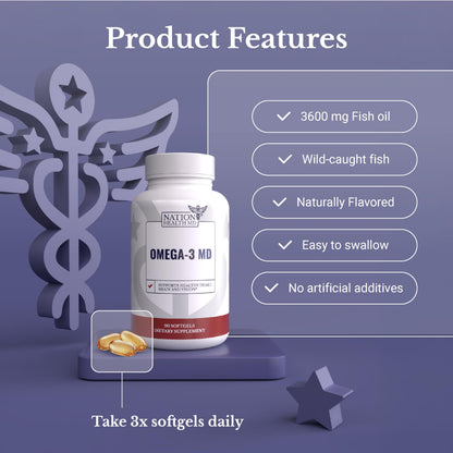 NATION HEALTH MD Omega-3 MD Fish Oil - Omega 3 Supplement for Women & Men - Wild-Caught & Burpless Fish Oil 3600 mg - with Omega3 Fatty Acid EPA 1300 mg + DHA 860 mg - 90 Softgels NATION HEALTH MD buy supplements Au