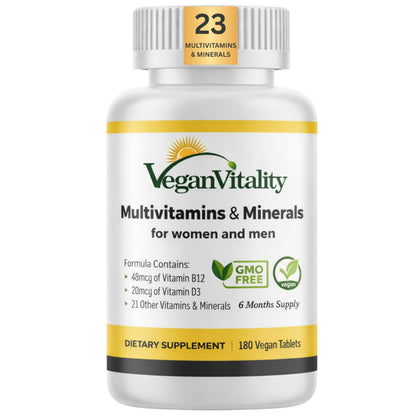 Vegan Vitality Multivitamins & Minerals for Women and Men with High Strength Vitamin B12, D3 & K2. 180 Vegan Multivitamin Tablets - 6 Months Supply
