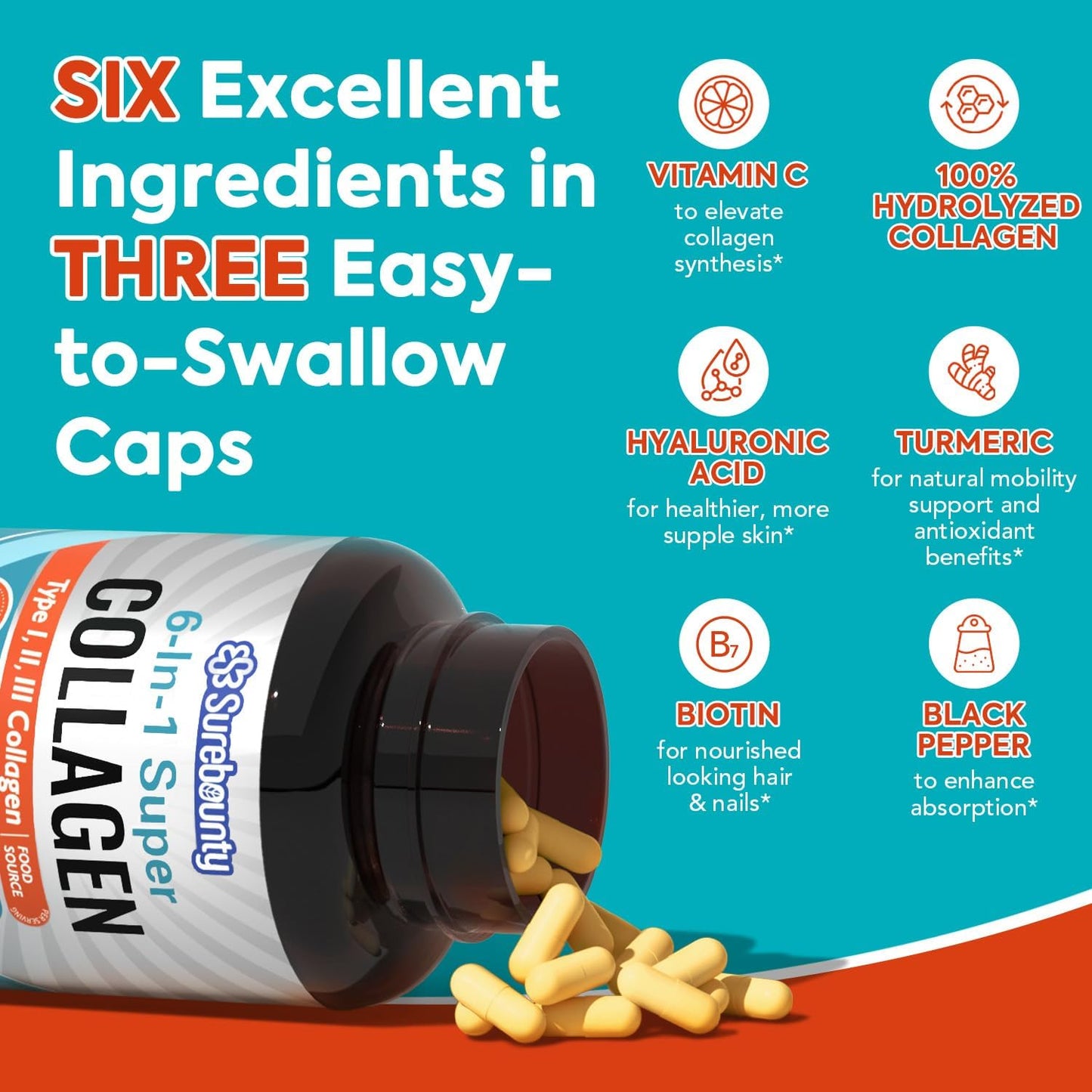 Surebounty Multi Collagen Complex, Type I, II, III, 6-in-1 Super Collagen with Vitamin C, Hyaluronic Acid, Biotin, Turmeric, Black Pepper, Keto, 90 Capsules Surebounty buy supplements Au