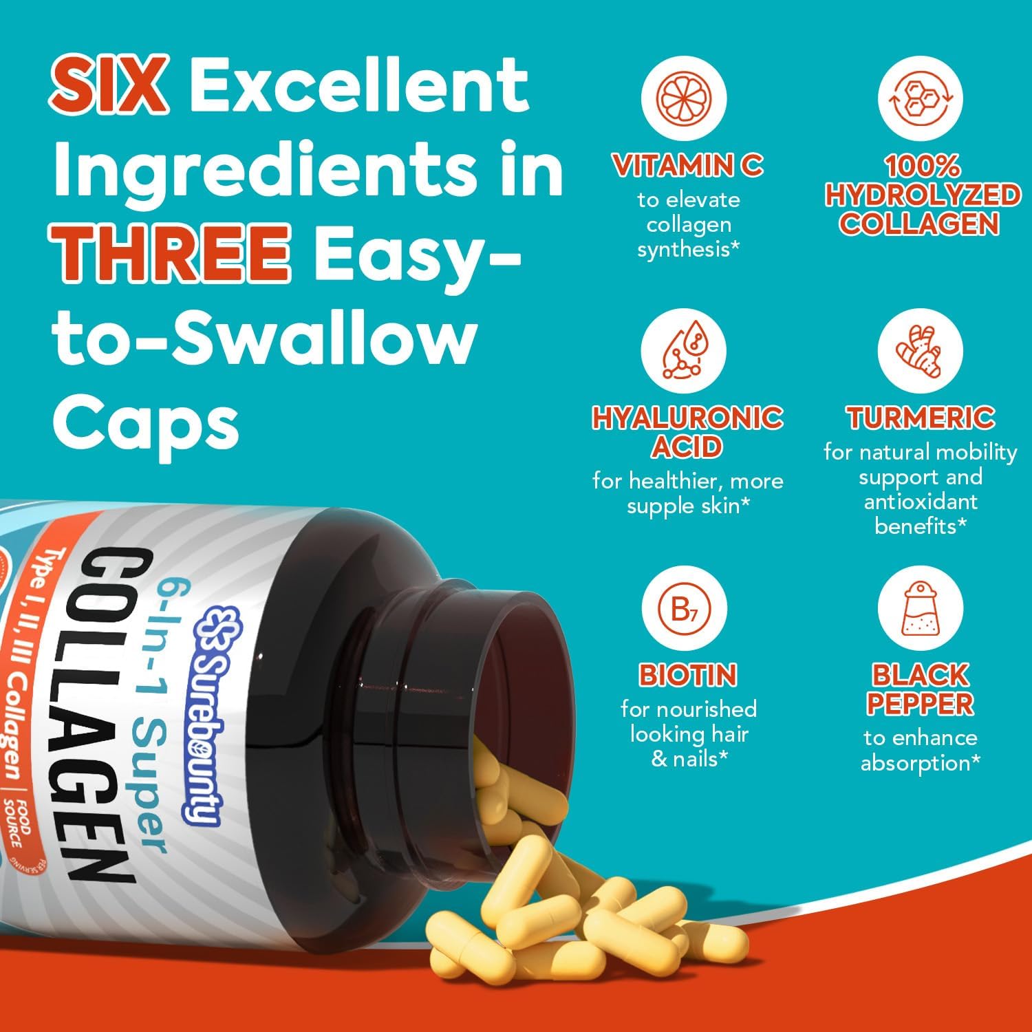 Surebounty Multi Collagen Complex, Type I, II, III, 6-in-1 Super Collagen with Vitamin C, Hyaluronic Acid, Biotin, Turmeric, Black Pepper, Keto, 90 Capsules Surebounty buy supplements Au