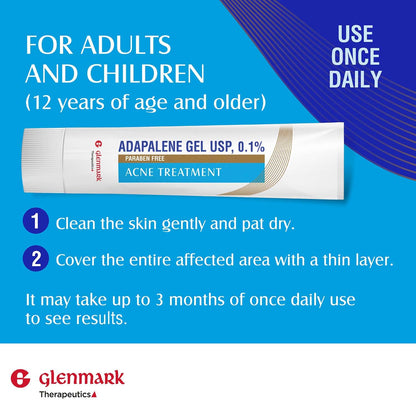 Glenmark Therapeutics Adapalene Gel 0.1% Acne Treatment, Paraben Free Topical Retinoid Cream for Face