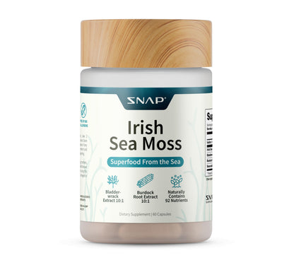 Snap Supplements Irish Sea Moss with Bladderwrack, Burdock Root & Iodine – Natural Sea Moss Supplement to Support Gut Health, Energy & Healthy-Looking Skin, 60 Vegan Capsules (1 Month Supply) Snap SupplementsBuy Supplements Australia