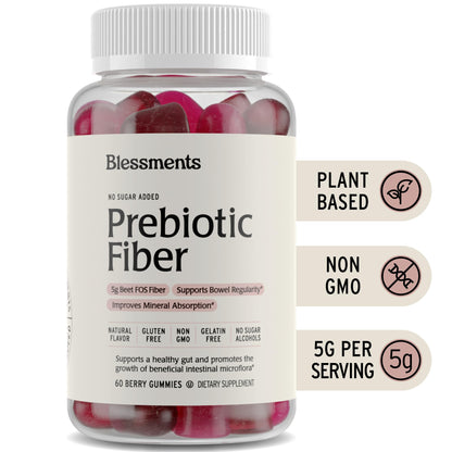 Blessments - Prebiotic Fiber Gummies for Adults & Kids with No Added Sugar- 5g (60 Count) High Fiber Supplement Gummies - Vegan - Keto Friendly - Digestive Health Supplements