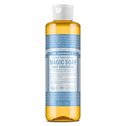 Dr. Bronner's Pure-Castile Magic Liquid Soap (Baby Unscented, 8 Ounce)- Made with Regenerative Organic Certified Oils, For Face