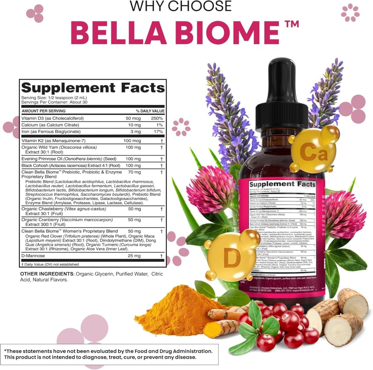 Liquid Probiotics for Women Drops with Chasteberry, Black Cohosh, Prebiotics, Digestive Enzymes, Evening Primrose Oil, Wild Yam, Cranberry Dmannose and Iron Vitamin D3 K2 Clean Nutra Bella Biotics Clean Nutraceuticals buy supplements Au