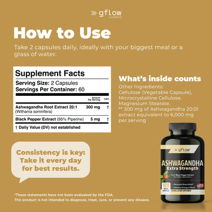 gflow vitamins Ashwagandha Supplements for Women and Men | Sleep, Mood and Energy Support | Extra Strength